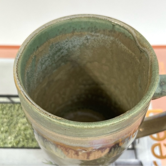 R2 Zrike 16 oz Stoneware Coffee Mug Shimmery Glaze Ombre Drip Taupe Green Peach - Picture 5 of 17